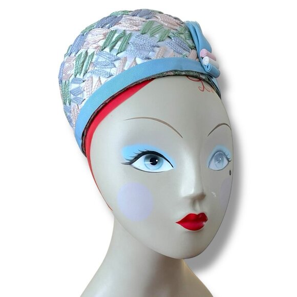 Vintage 1960s Womens Dress Hat Raffia Ribbon Woven Pastels Easter Wedding Derby - Picture 9 of 16